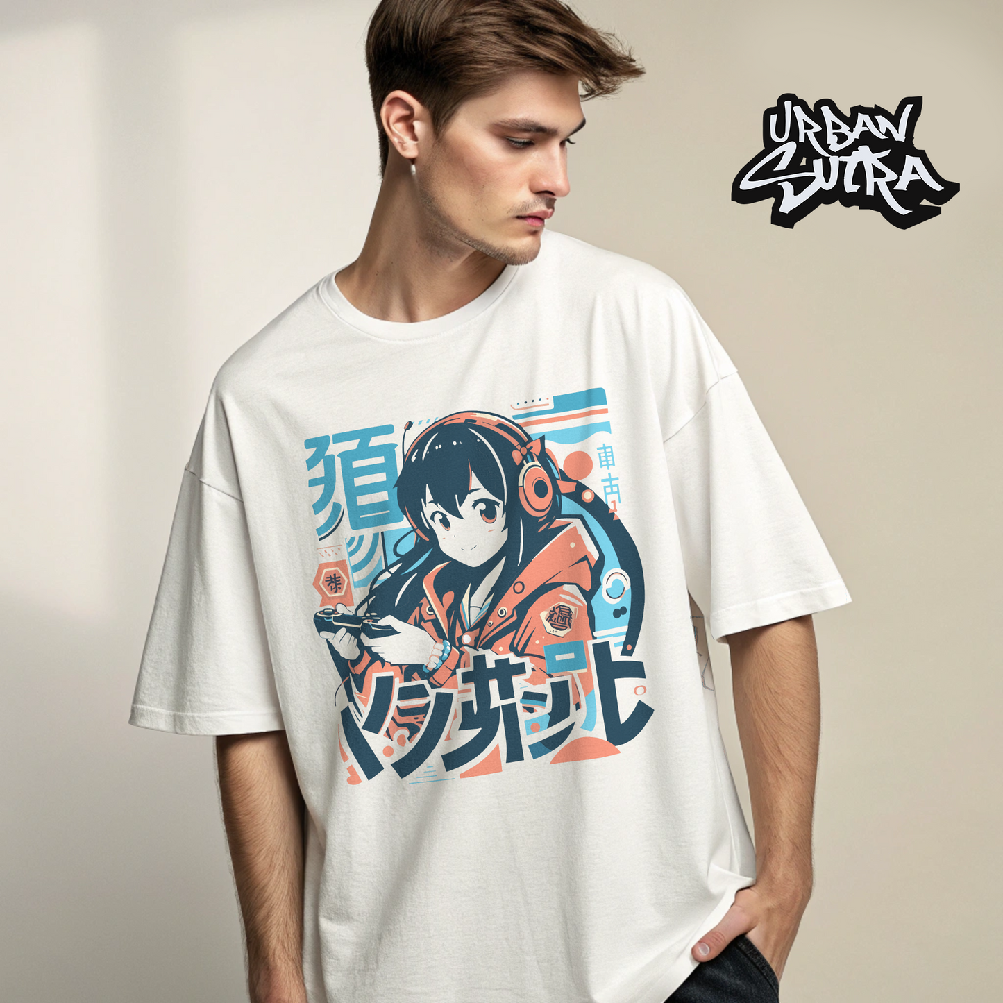 "Anime Gamer Girl" Men's Oversized Tee (White)