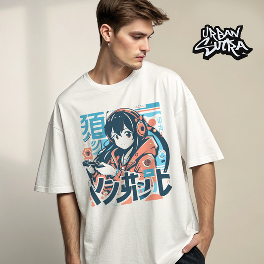 "Anime Gamer Girl" Men's Oversized Tee (White)